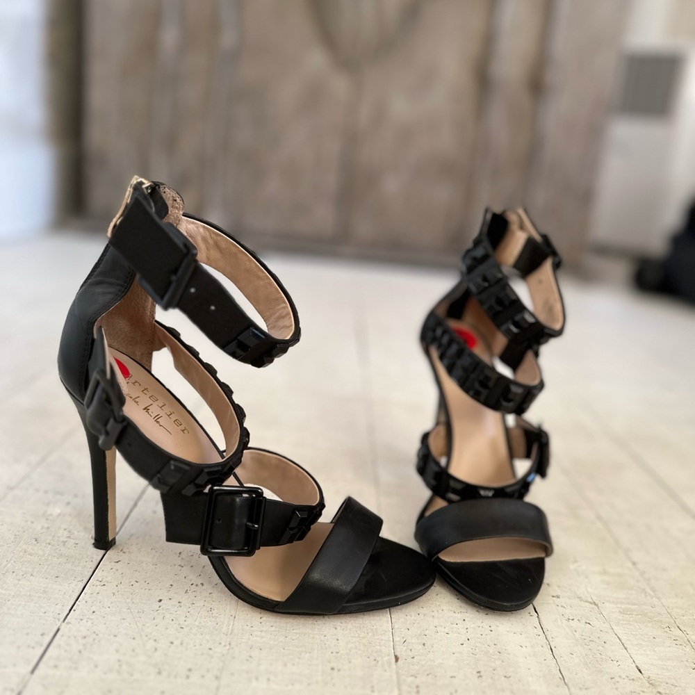 NICOLE MILLER leather Sebastian studded black high heels 6